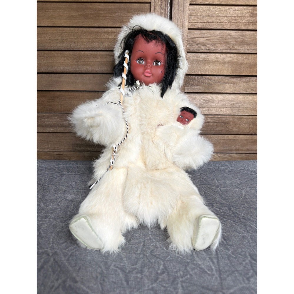 Collector Doll Unisex 19" Inuit Mother and Baby White Faux Fur Vintage Unbranded